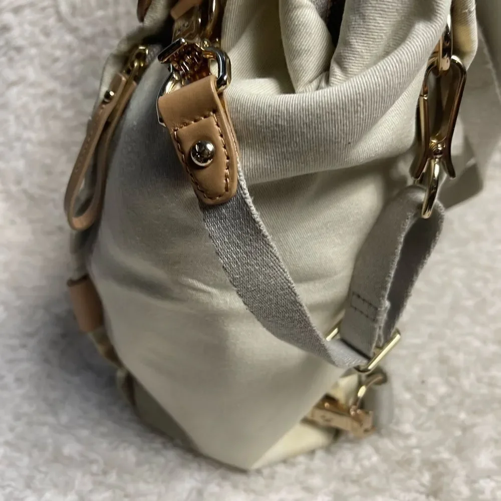 Skip Hop High line convertible Diaper Bag Beige & gray canvas tan leather straps